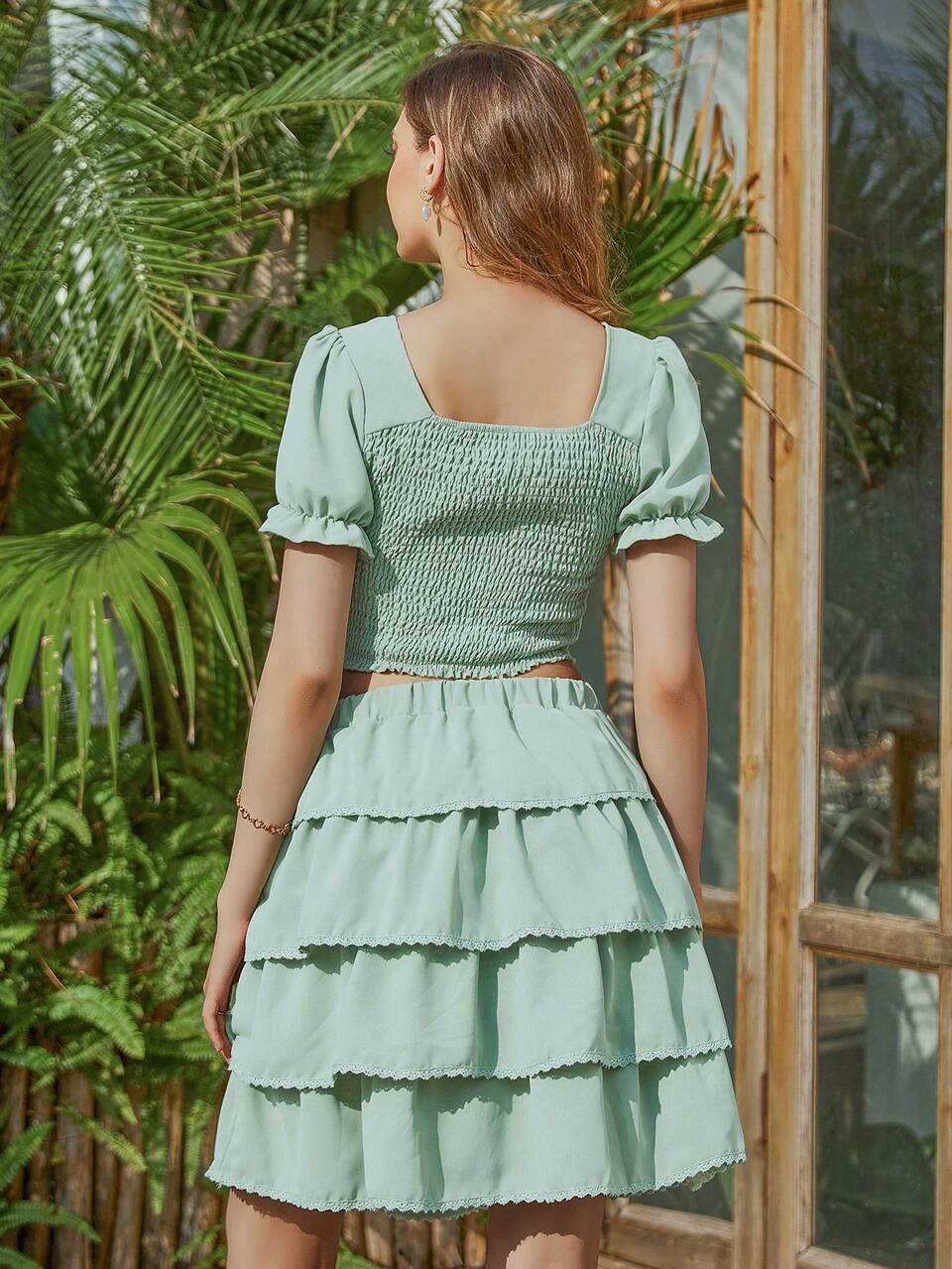 Family Matching Outfits Mint Green,Autumn,Boho,Elegant,Vacation,Holiday Women's Square Neck Slim Top+Cake Skirt&Girls' Long Sleeve Top+Long Pants Sets