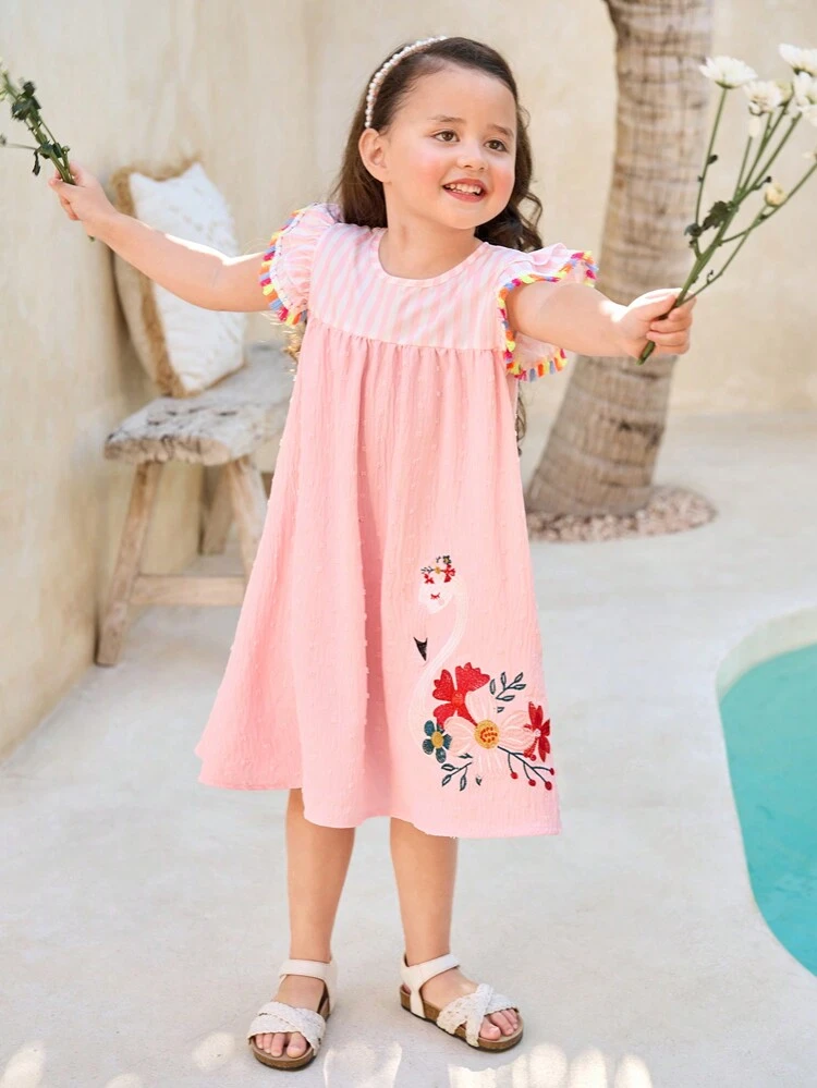 Young Girl Textured Jacquard Fabric Patchwork Sleeve Fringed Dress