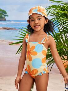 Little Girls' One Piece Swimsuit (Random Print) - Orange - View 3