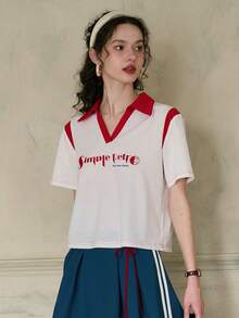 Simple Retro Women's Short Sleeve Colorblock Collar T-Shirt - White - View 7