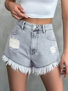 RueChic Distressed Frayed Denim Shorts - Light Wash - View 1