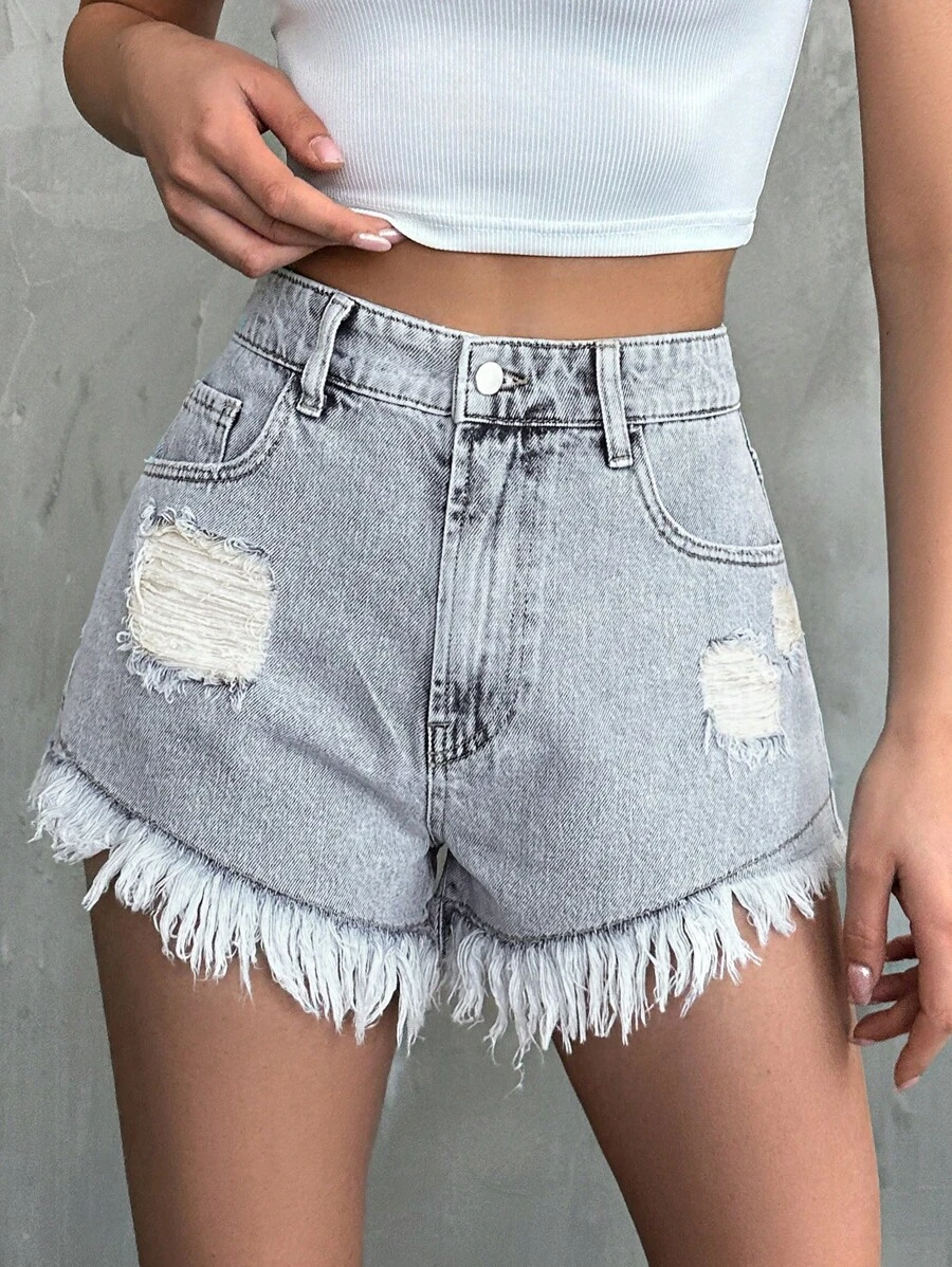 RueChic Distressed Frayed Denim Shorts - Light Wash - View 1