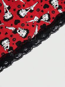 Betty Boop | ROMWE Plus Size Full-Print Contrast Lace Bustier Camisole Top For Summer - Burgundy - View 4