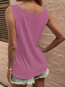 SHEIN LUNE Women's Summer Solid Color Casual Fit Button Decorated Round Neck Sleeveless Top - Hot Pink - View 2