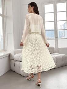 Modelyn Women's Elegant 2pcs/Set Sheer Long Sleeve Open Front Jacket And Spaghetti Strap Dress, Spring/Summer - Apricot - View 2