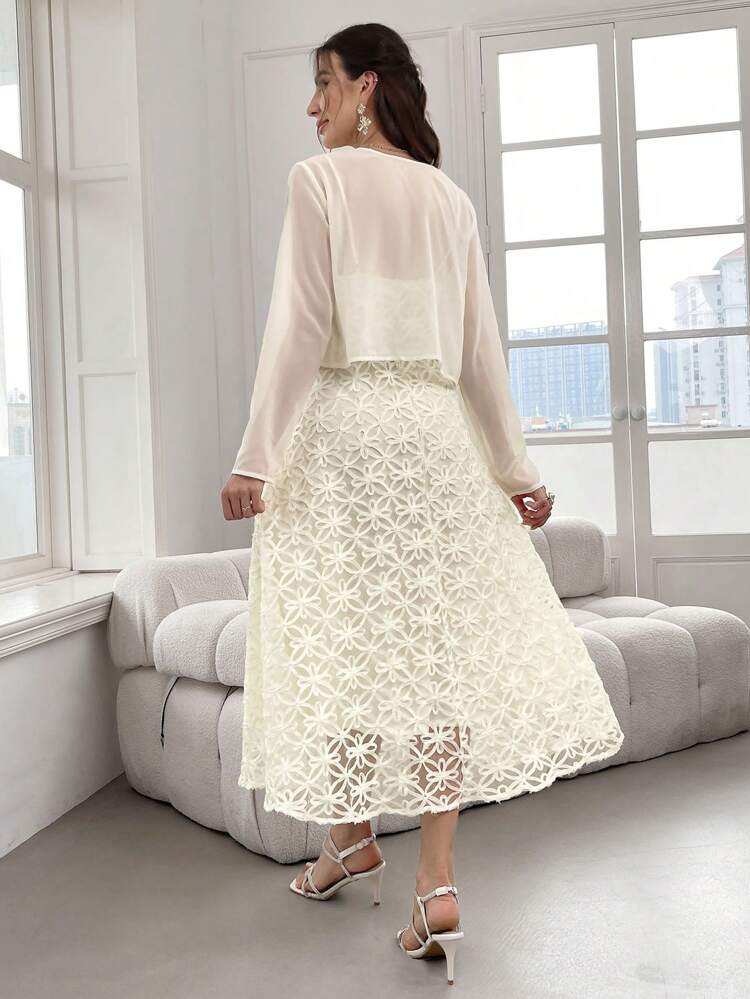 Women's Elegant 2pcs/Set Sheer Long Sleeve Open Front Jacket And Spaghetti Strap Dress, Spring/Summer