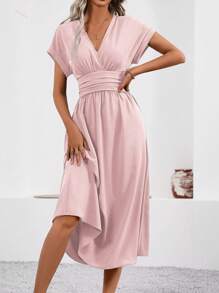 SHEIN LUNE 女士高腰V領優雅純色夏季連衣裙 - 粉色 - 查看 5