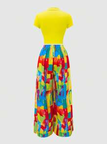 Zolique Women's Summer Yellow T-Shirt And Color Block Wide Leg Pants 2pcs Outfit - Yellow - View 2