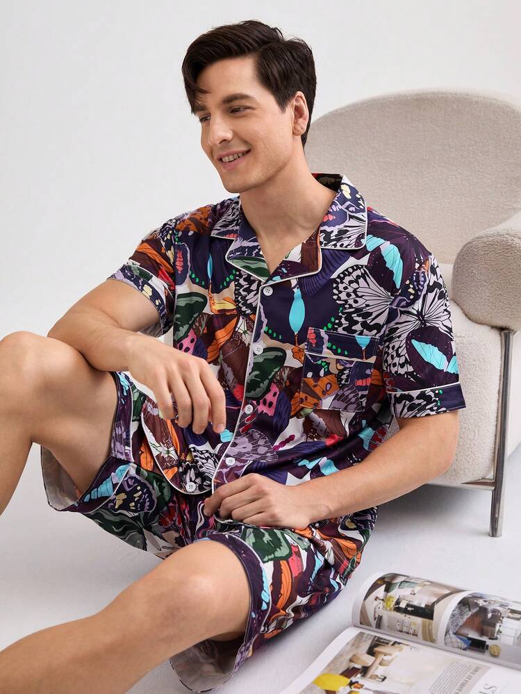 Men's Butterfly Allover Print Short Sleeve Shirt And Shorts Set, Summer Casual Home Clothing