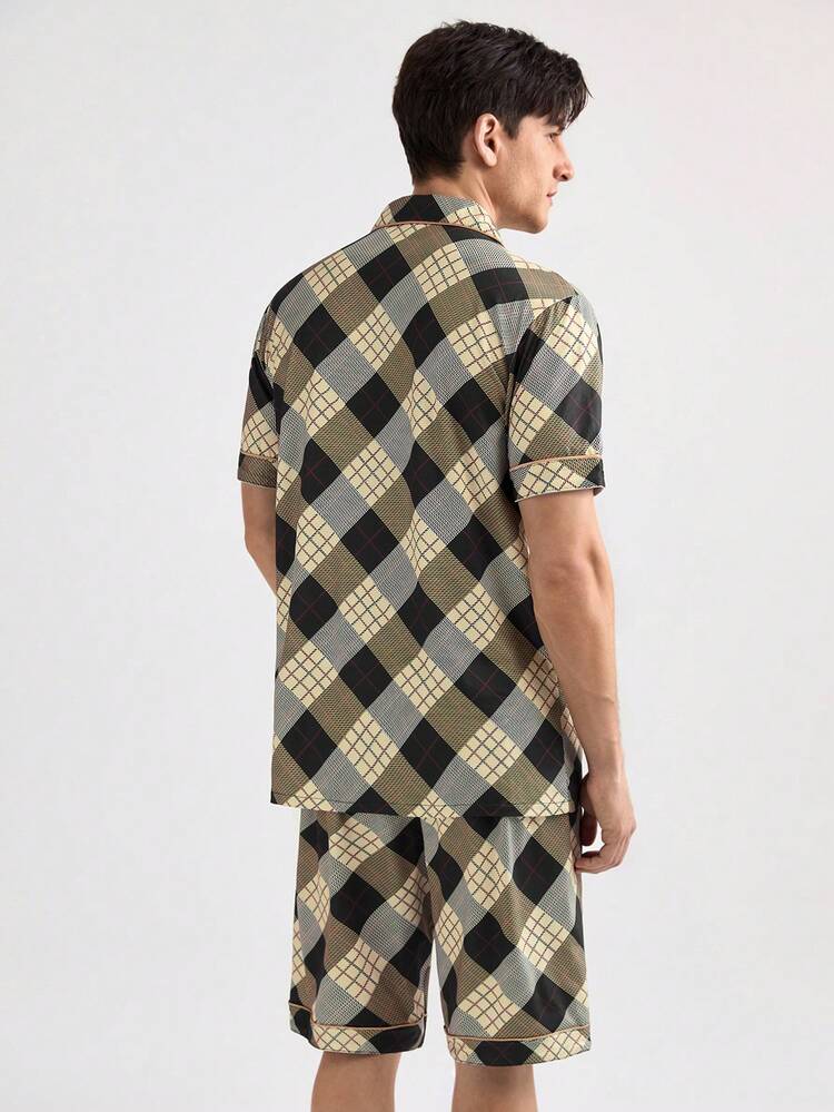 Men's Plaid Short Sleeve And Long Pants Pajama Set