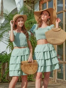 Women's Green Square Neck Short-Sleeved Slim Top + Green Mid-Length Cake Skirt And Girls' Square Neck Long Sleeve Athletic Top + Casual Cross Casual Long Pants Family Matching Outfits (4 Sets Sold Separately) - Green - View 1