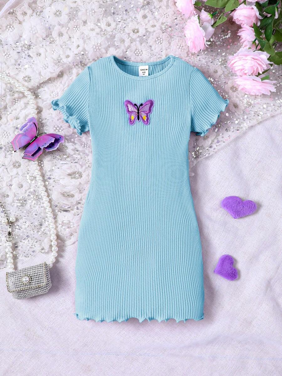 SHEIN Young Girl Knitted Solid Color Butterfly Patterned Casual Dress With Round Neck - Blue - View 1
