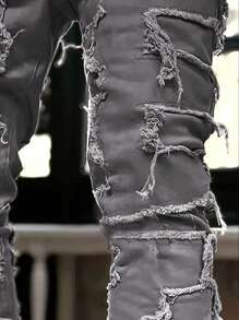 Pantalones Vaqueros De Mezclilla Con Flecos Para Hombre - Gris Oscuro - Ver 3