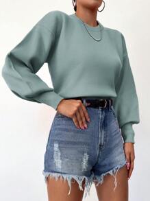 SHEIN Cottnline Women's Drop Shoulder Round Neck Sweater - Mint Green - View 4