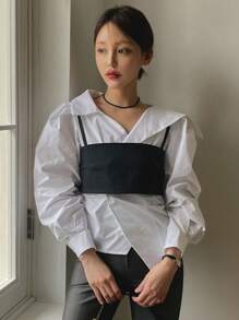 DAZY 女士春夏时尚两件套背心和泡泡袖不对称下摆衬衫长袖上衣