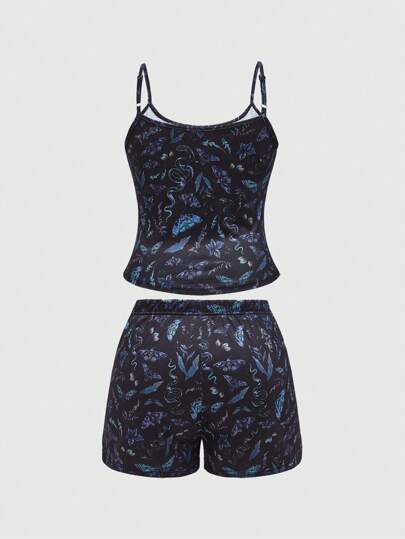 Goth Plus Size Black Moth Plant Snake Pattern Home Clothes Set
