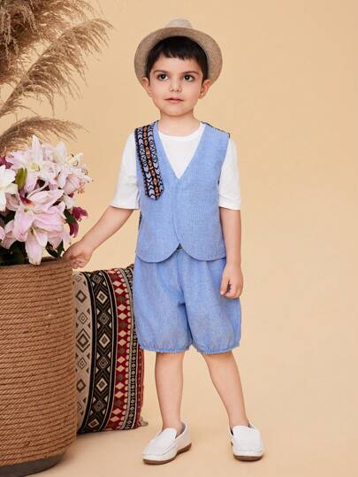 SHEIN 2件組少年男童背心和短褲套裝，風格時尚，舒適休閒服裝，適用於春/夏