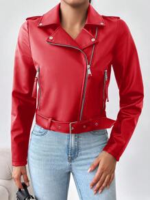 SHEIN Ladies Lapel Zip Cardigan Jacket - Red - View 2
