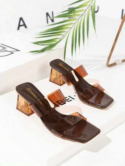 Women's Brown Transparent Double Strap Asymmetric Heel Coffee Brown Slippers, Comfortable For Wedding Parties And Other Activities. Coffee Color Clear Heels Sandals, Sexy Open Toe For Parties, Elegant Style For Spring And Summer. High Heel, Outdoor Beach Comfortable Sandals For Women, Suitable For Music Festivals. Elegant, Fashionable High Heel Sandals For Women's And Professional Look. Platform Women's High Heel Sandals