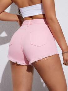 Jeanoix Frayed Hem Loose Straight Leg Versatile Denim Shorts, Summer Pink Jeans Shorts - Pink - View 2