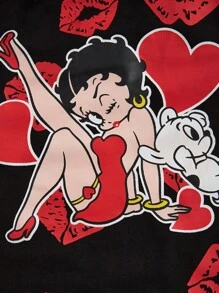 Betty Boop | ROMWE 卡通角色唇印花對比蕾絲筒上衣，夏季時尚單品 - 黑色 - 查看 7