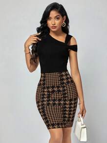 SHEIN Clasi Women's Solid Color Printed Patchwork Dress With Asymmetrical Neckline