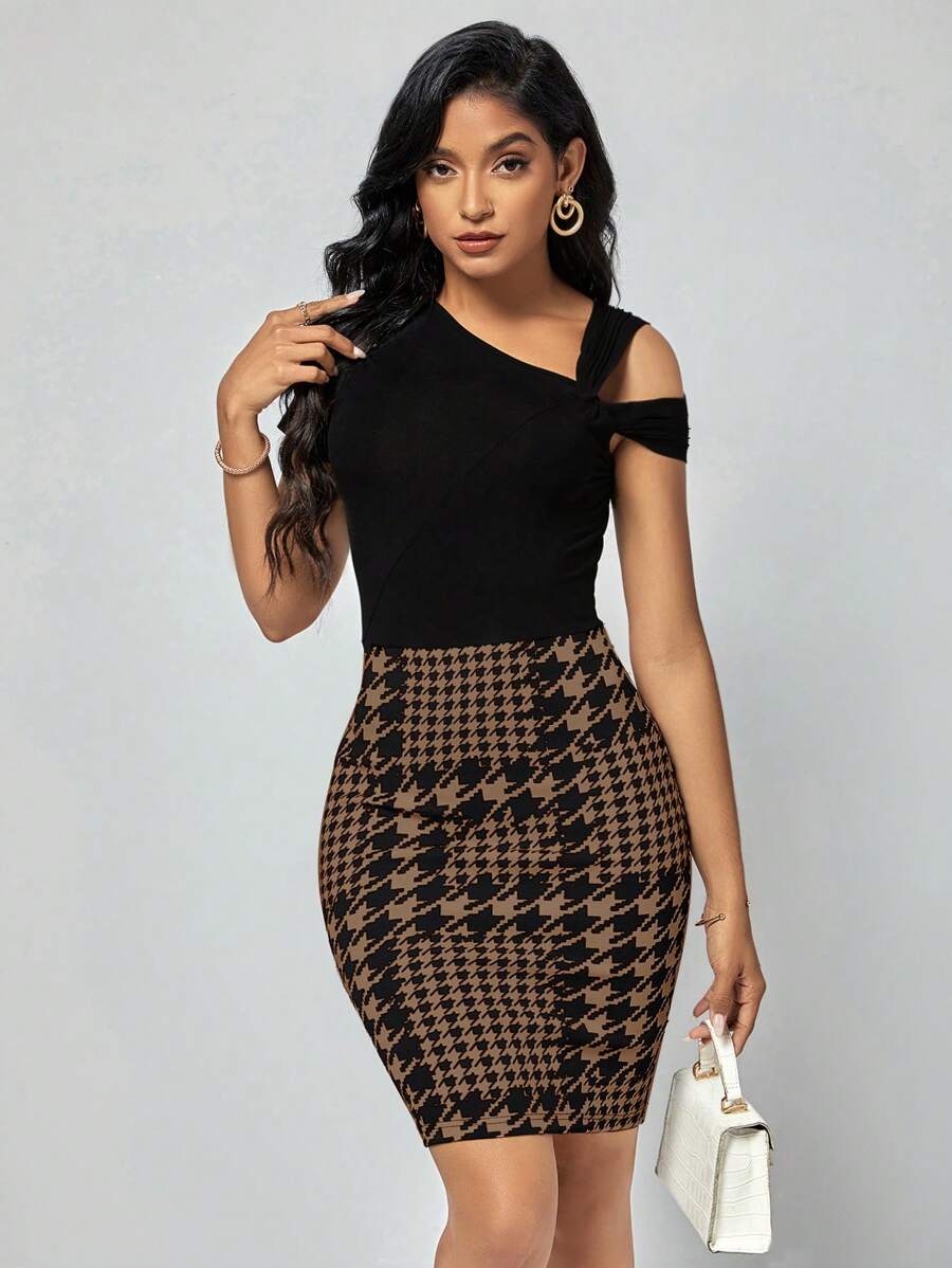 SHEIN Clasi Women's Solid Color Printed Patchwork Dress With Asymmetrical Neckline