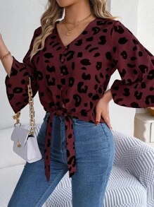 New Summer Animal Print Blouse Wrap V Neck Button Front Cropped Sleeve Tie Detail Vacation Resort Ready Shirt Top Womens - 紅色 - 查看 6