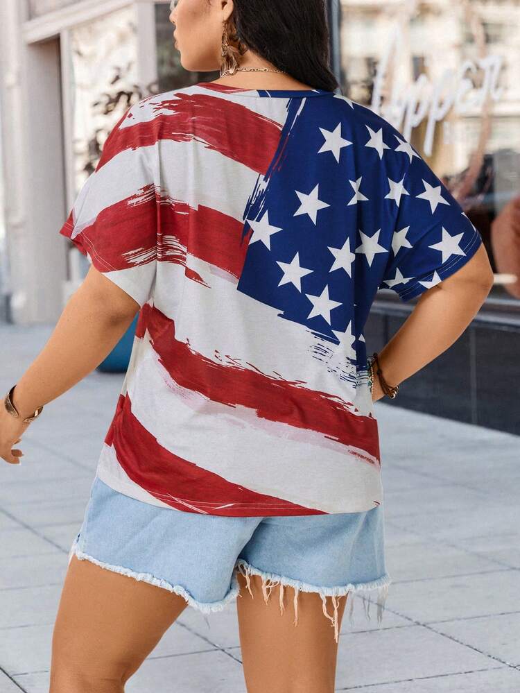 Plus Size Women's Summer V-Neck T-Shirt With Flag Print
