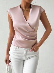 Chiquease Blusa simple de satén de unicolor para uso diario de mujeres - Rosa - Ver 3