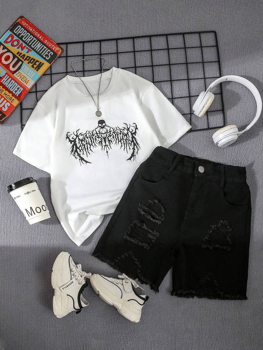 SHEIN Conjunto casual de dos piezas para niño preadolescente con estilo simple y estampado urbano - Negro - Ver 1