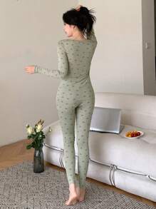 DAZY Lace Patchwork Floral Allover Print Long Sleeve Top And Long Pants Pajama Set With Ruffle Hem - Green - View 2