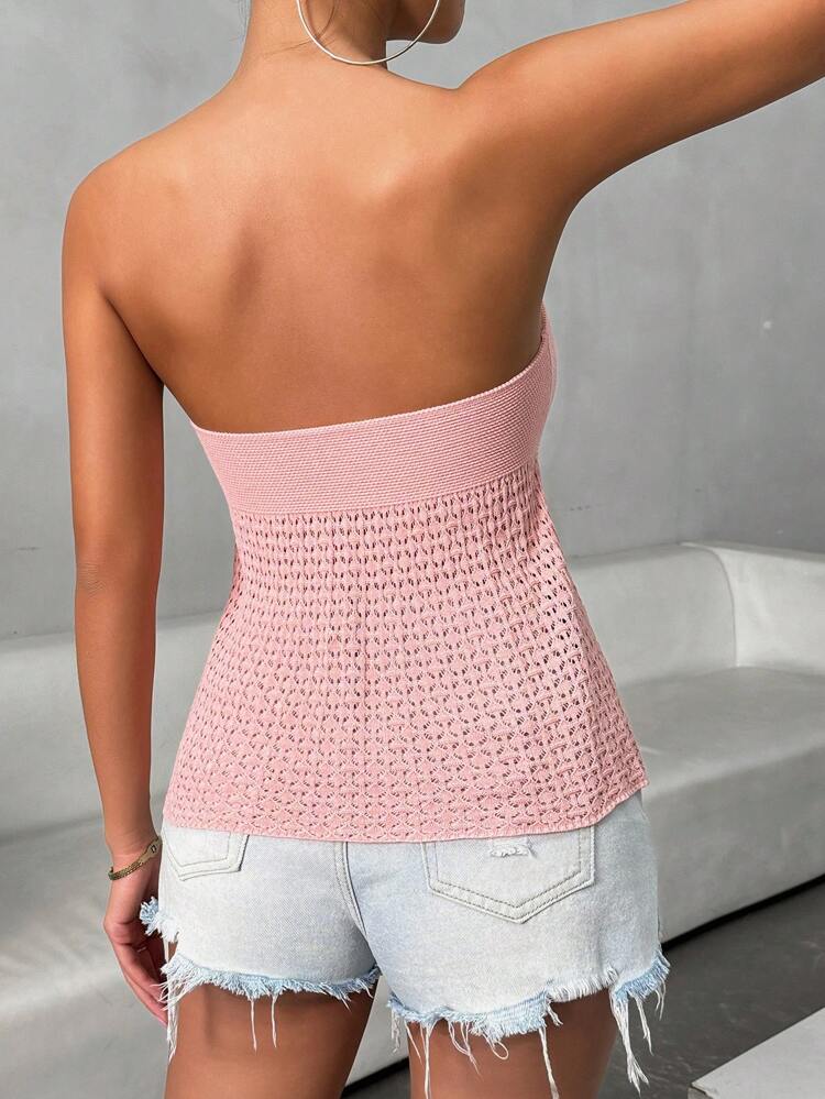 Summer Casual Solid Color Drawstring Halter Knitted Top