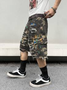 Manfinity Roghcode Short bermuda en jean déchiré de travail camouflé pour hommes avec poches, décontracté - Vert - Voir 4