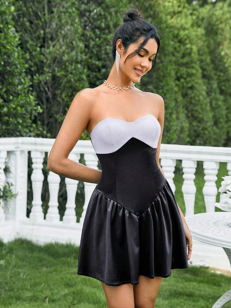 Color Block A-Line Party Strapless Dress