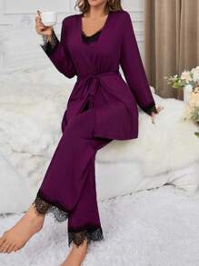 Ladies' Contrast Color Lace Patchwork Spaghetti Strap Top & Long Pants & Belted Robe Pajamas Set, Fall Winter Clothes - Dusty Purple - View 3