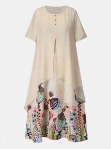 INAWLY Women's Round Neck Short Sleeve Dress - Apricot - View 3