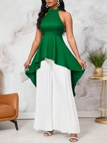 SHEIN Lady Women's Elastic Ruffled Halter Neck Top With Sleeveless Camisole And Wide-Leg Pleated Pants, 2pcs/Set - Multicolor - View 5