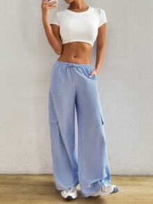 SHEIN EZwear Pantalones anchos y rayados de uso diario sueltos y con estilo para mujer, de verano - Azul - Ver 6