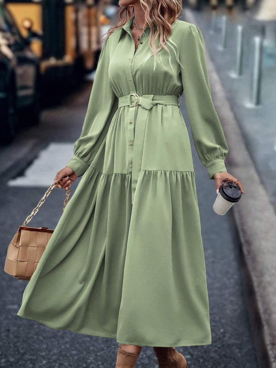 SHEIN LUNE Vestido camisa casual longo feminino de uma fileira, manga longa, cor sólida, vestido longo para primavera/verão, look feminino - Verde Menta - Visão 1