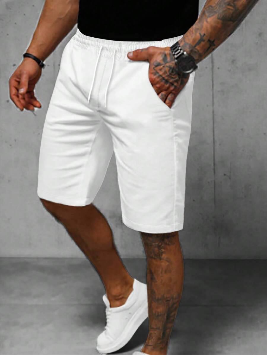 Manfinity Homme Men's Drawstring Waist Solid Color Fashionable Casual Shorts Sweat Plain All White Athletic - White - View 1
