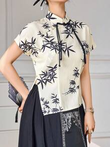 Modelyn 中式立领植物印花优雅短袖汉服上衣，改良型汉服上衣 - 杏色 - 查看 6