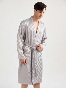 Men's Stylish Checkerboard Long Sleeved Mid-Length Homewear Bathrobe - Apricot - View 5