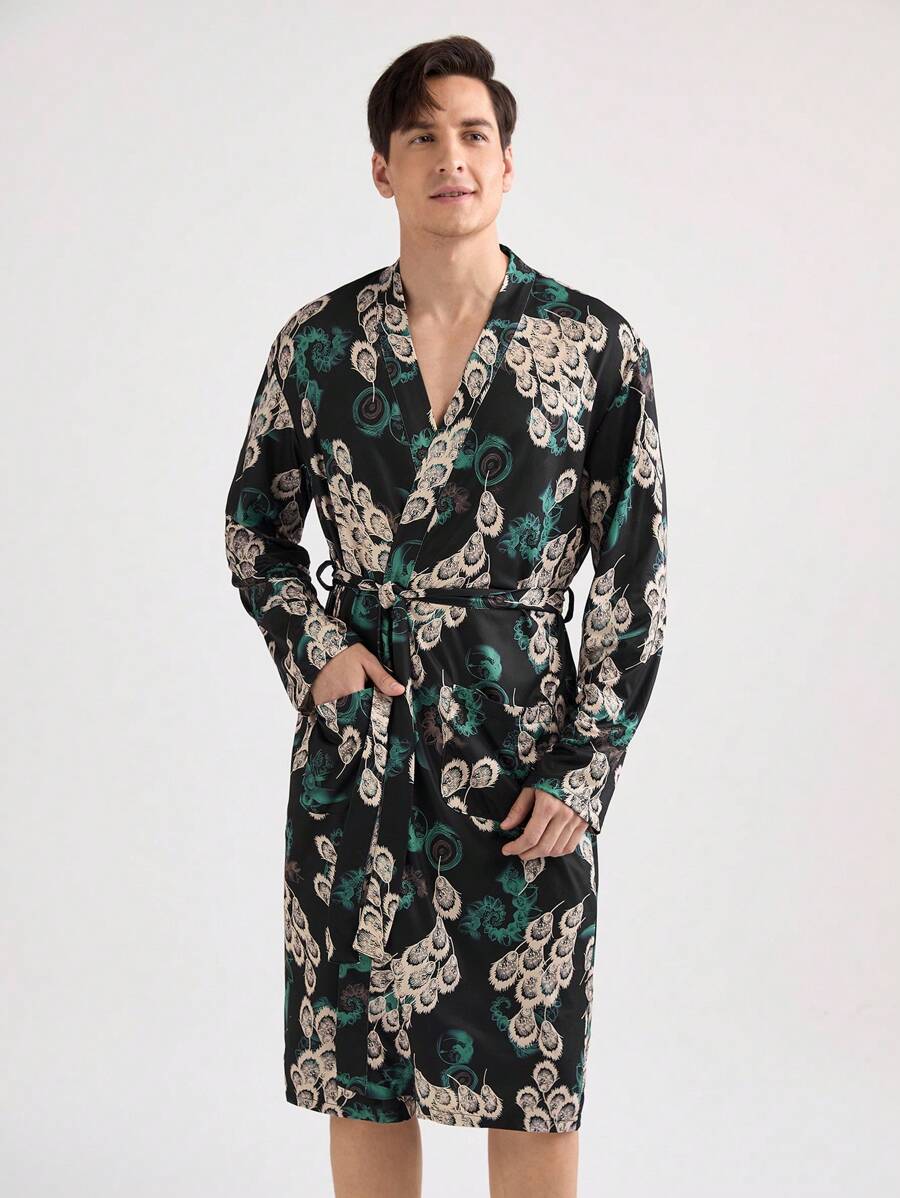 Men's Casual Printed Long Sleeve Robe, Random Design - Multicolor - View 1
