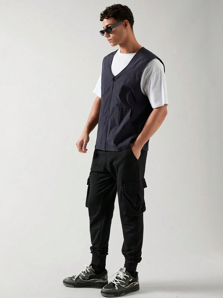 Men's Simple Woven Casual Zip Up Vest, For Fall Winter