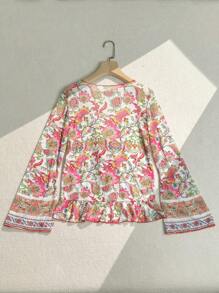 SHEIN Swim Deep V-Neck Tie-Front Bell Sleeve Printed Cardigan For Vacation Summer - Multicolor - View 4