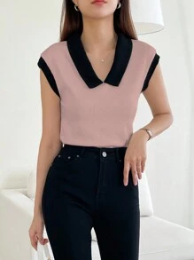 DAZY 女士夏季拼色Polo領口休閒短袖T卹