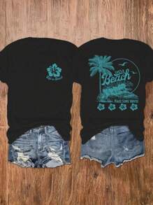INAWLY 女士夏季短袖莲花海滩和棕榈树印花 T 恤图案 T 恤女式上衣 - 黑色 - 查看 1