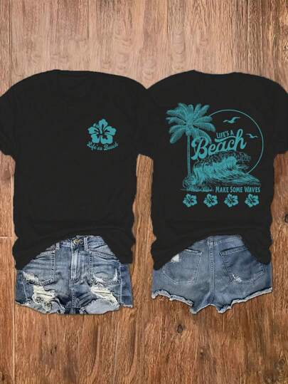 INAWLY 女士夏季短袖莲花海滩和棕榈树印花 T 恤图案 T 恤女式上衣