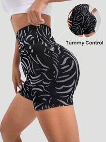 Easithlete 圖案印花寬腰帶運動騎行短褲 - 黑色 - 查看 4